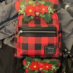 Loungefly Red and Black Plaid Backpack and Wallet with Floral Accents